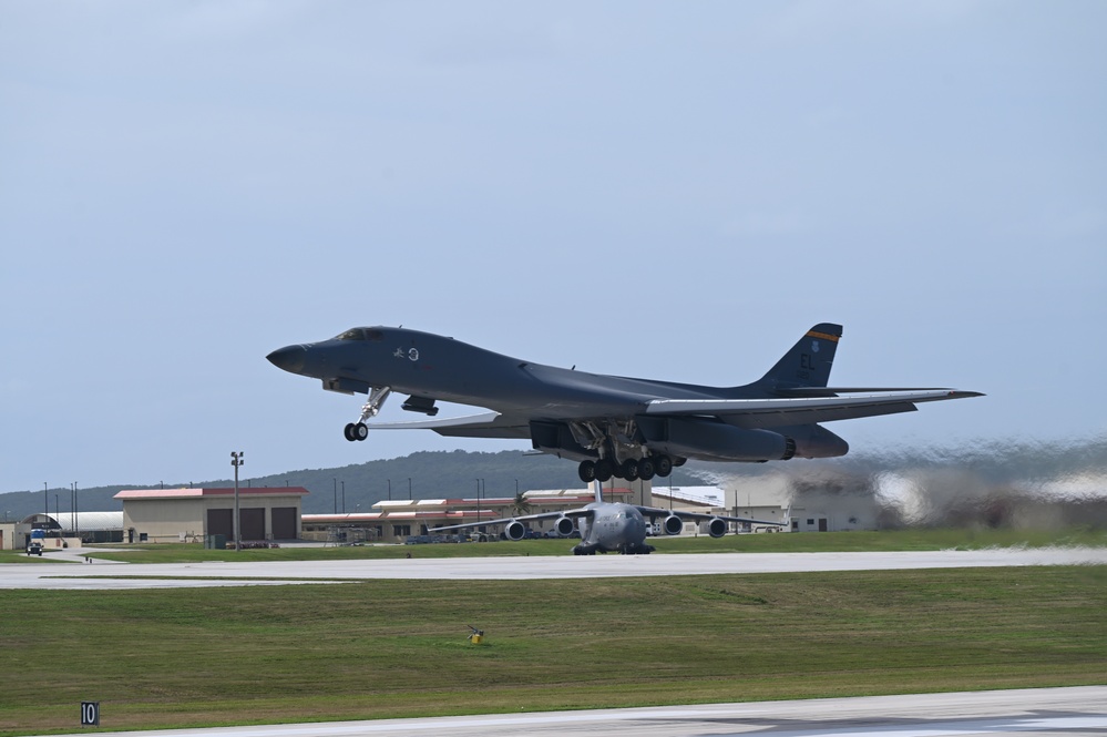 A 34th Expeditionary Bomb Squadron B-1B Lancer takes off at Andersen Air Force Base during BTF 25-1