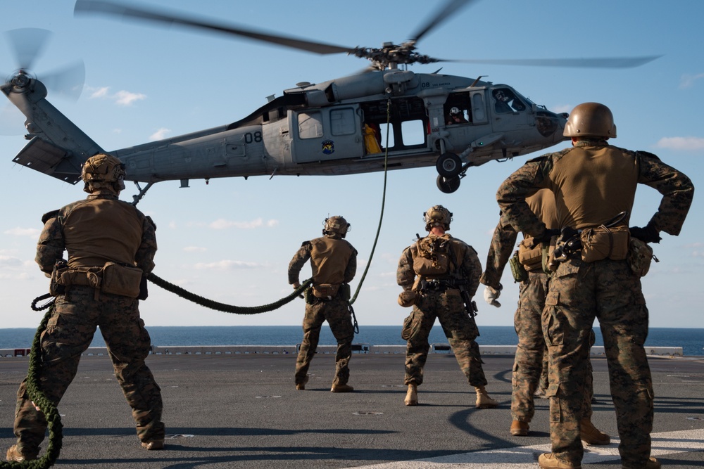 USS America (LHA 6) and 31st MEU Conduct Fast Rope