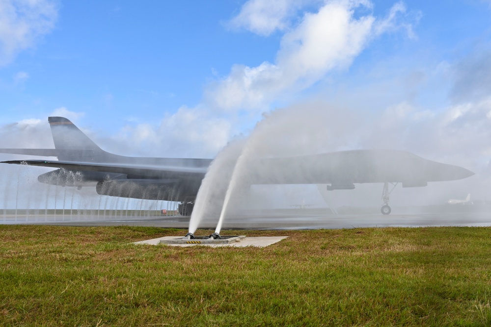 A 34th Expeditionary Bomb Squadron B-1B Lancer returns to Andersen Air Force Base after successfully accomplishing a Bomber Task Force 25-1 mission in the INDO-PACIFIC