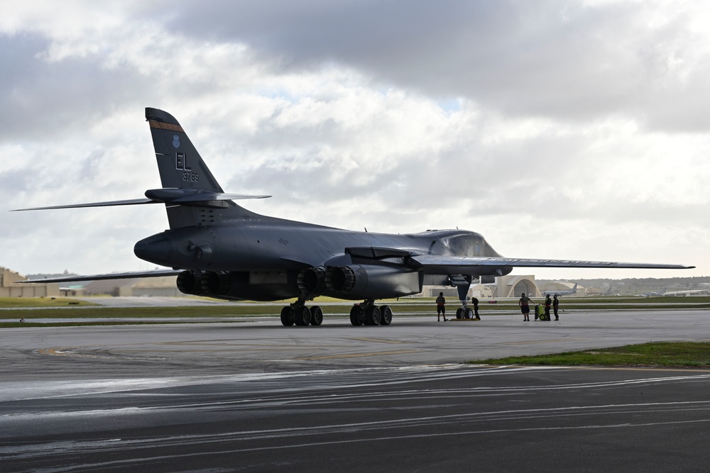 A 34th Expeditionary Bomb Squadron B-1B Lancer returns to Andersen Air Force Base after successfully accomplishing a Bomber Task Force 25-1 mission in the INDO-PACIFIC