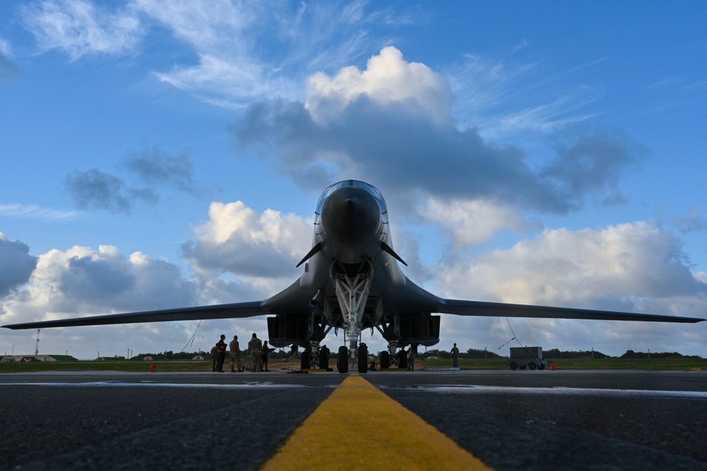 A 34th Expeditionary Bomb Squadron B-1B Lancer returns to Andersen Air Force Base after successfully accomplishing a Bomber Task Force 25-1 mission in the INDO-PACIFIC