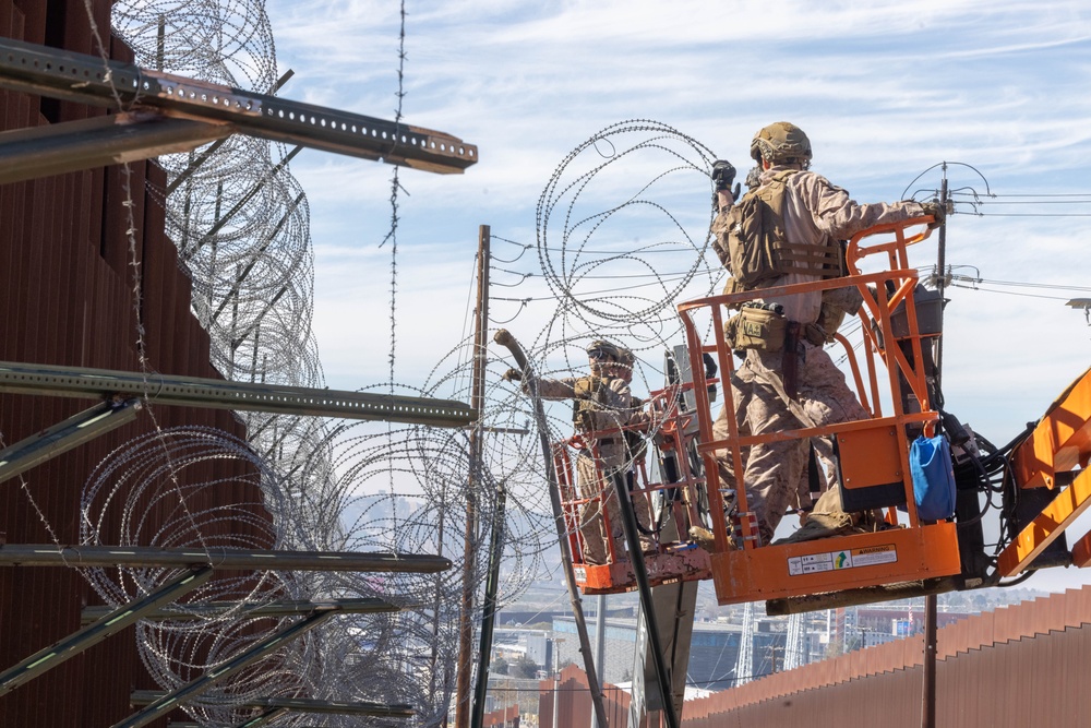 U.S. Marines place concertina wire to assist with border security mission