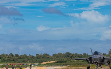 U.S. Marine Corps F-35Bs refuel and arm at Tinian