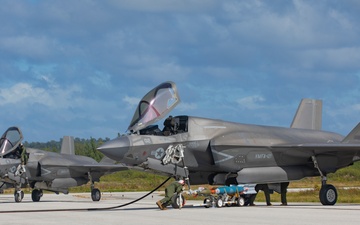 U.S. Marine Corps F-35Bs refuel and arm at Tinian