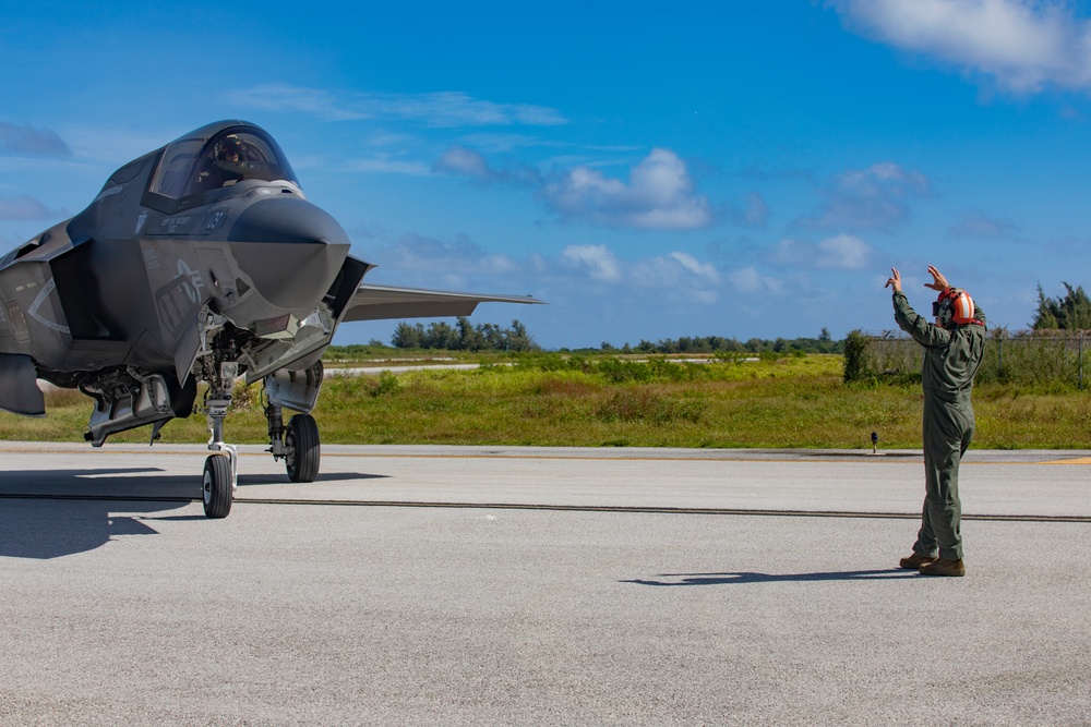 U.S. Marine Corps F-35Bs refuel and arm at Tinian