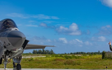 U.S. Marine Corps F-35Bs refuel and arm at Tinian