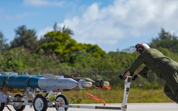 U.S. Marine Corps F-35Bs refuel and arm at Tinian