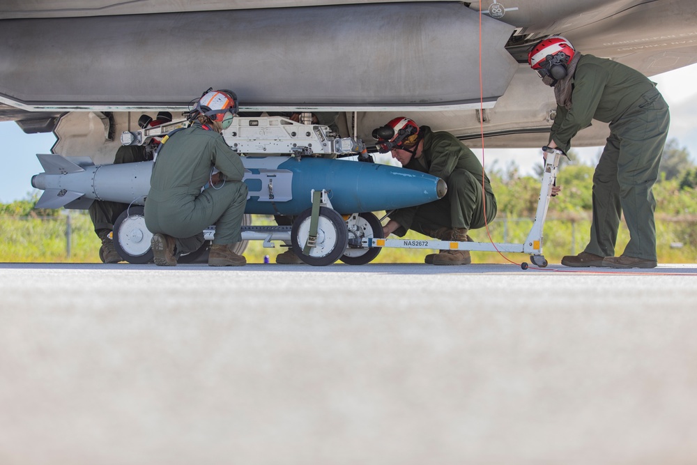 U.S. Marine Corps F-35Bs refuel and arm at Tinian