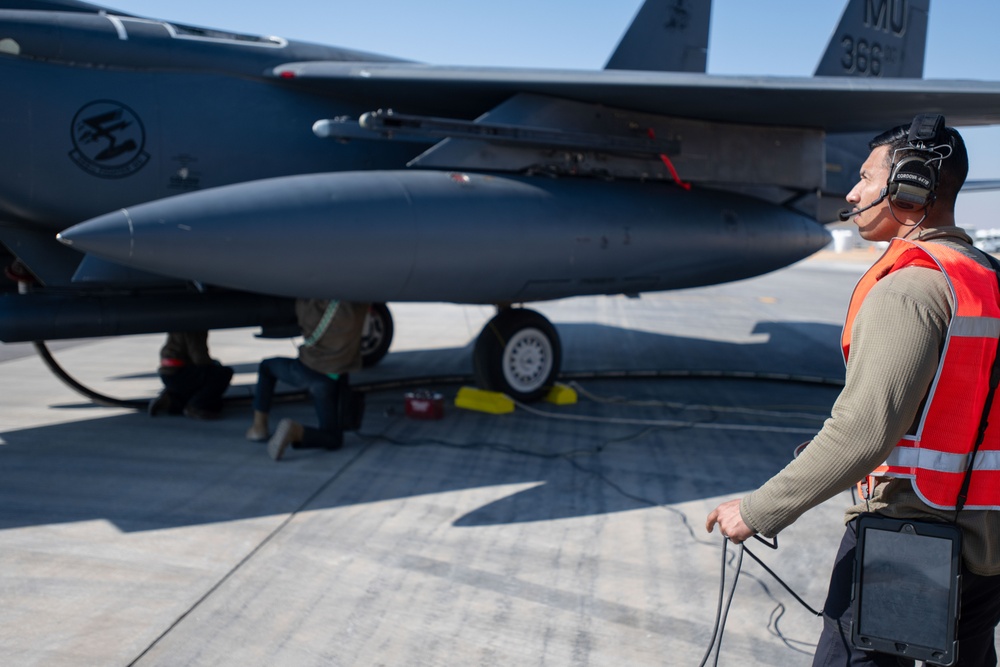 F-15E Strike Eagles conduct integrated combat turn during Operation Agile Spartan