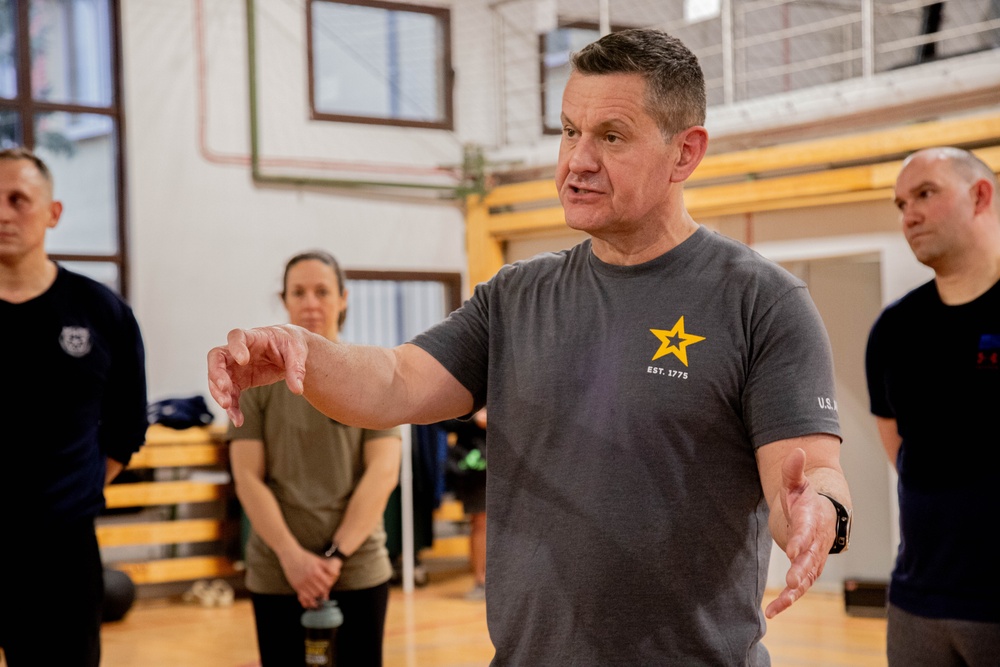 Sgt. Maj. of the United States Army Michael R. Weimer speaks to V Corps Soldiers