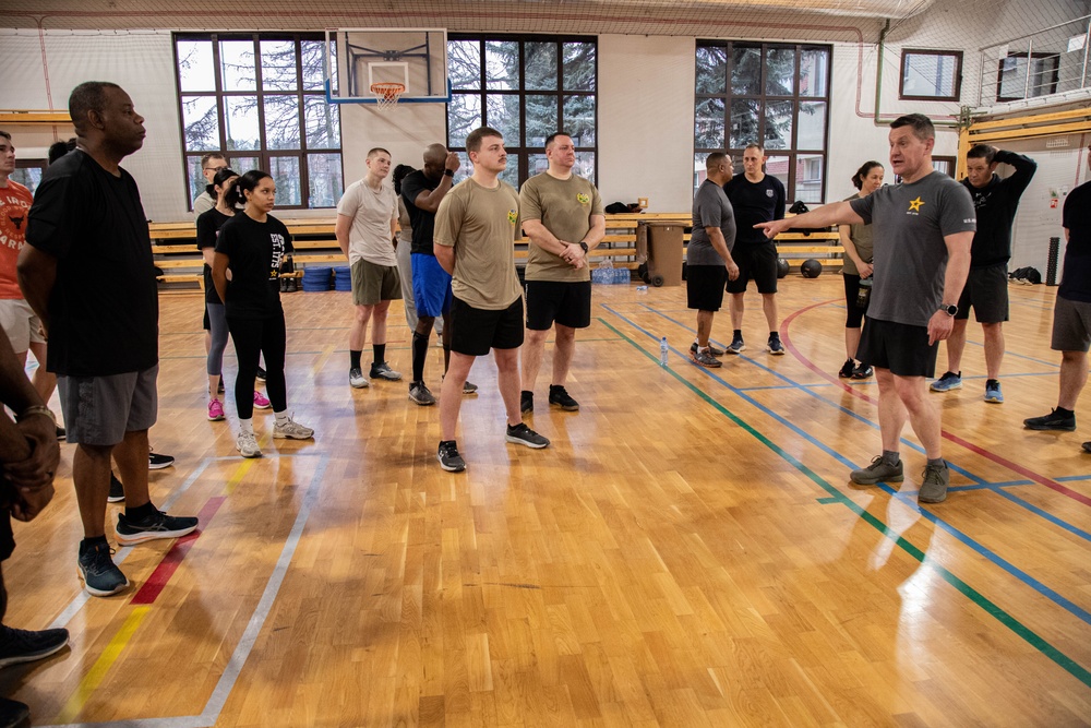 Sgt. Maj. of the United States Army Michael R. Weimer speaks to V Corps Soldiers