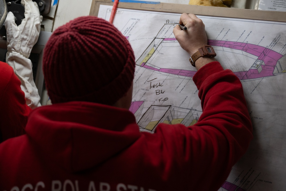 USCGC Polar Star (WAGB 10) crewmembers conduct damage control training in McMurdo Sound during Operation Deep Freeze