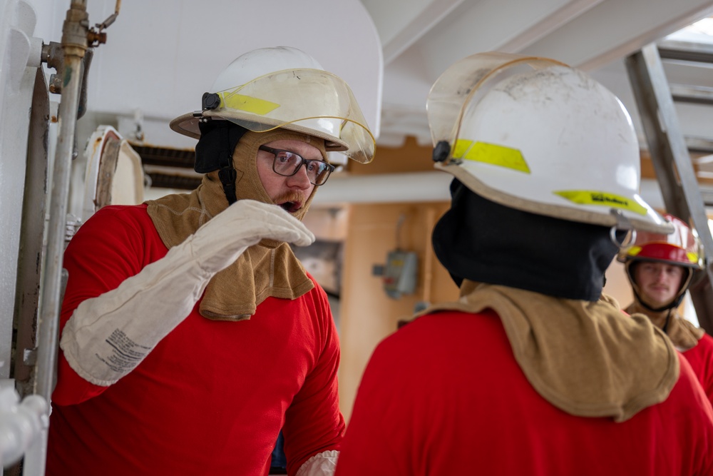 USCGC Polar Star (WAGB 10) crewmembers conduct damage control training in McMurdo Sound during Operation Deep Freeze