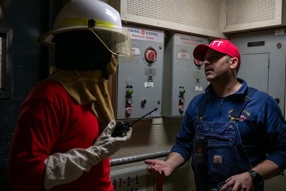 USCGC Polar Star (WAGB 10) crewmembers conduct damage control training in McMurdo Sound during Operation Deep Freeze