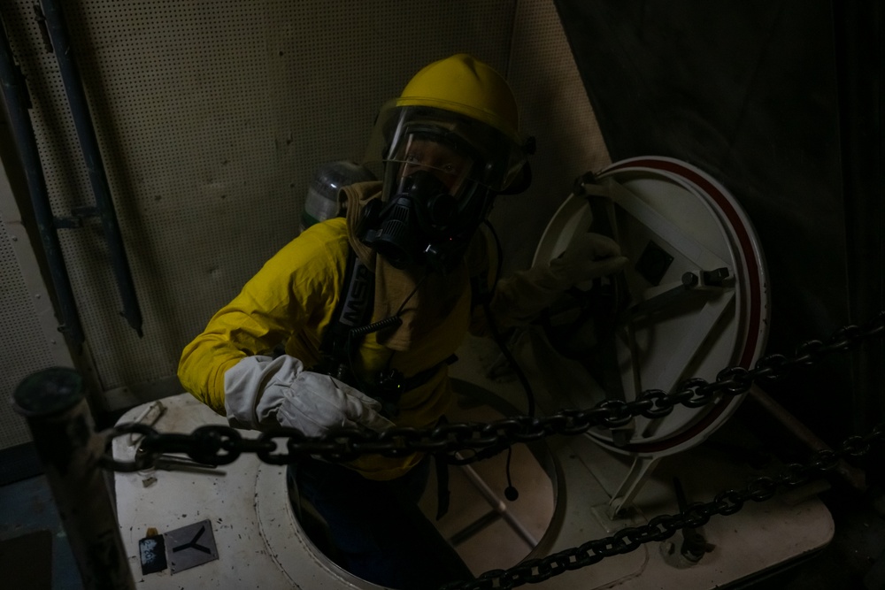 USCGC Polar Star (WAGB 10) crewmembers conduct damage control training in McMurdo Sound during Operation Deep Freeze