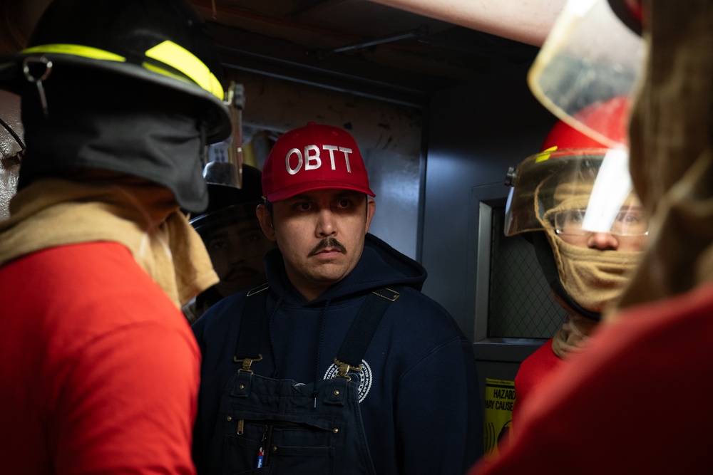 USCGC Polar Star (WAGB 10) crewmembers conduct damage control training in McMurdo Sound during Operation Deep Freeze