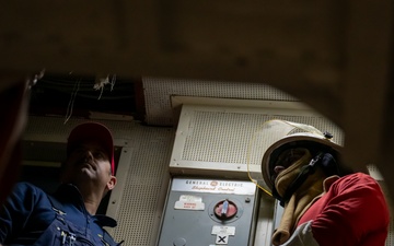 USCGC Polar Star (WAGB 10) crewmembers conduct damage control training in McMurdo Sound during Operation Deep Freeze