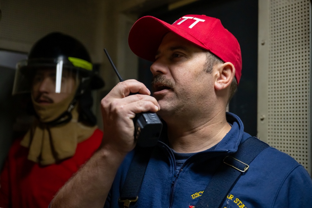 USCGC Polar Star (WAGB 10) crewmembers conduct damage control training in McMurdo Sound during Operation Deep Freeze