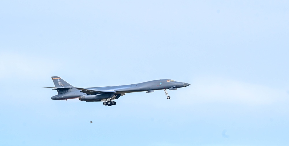 B-1B Lancers assigned to the 34th Expeditionary Bomb Squadron conduct a training mission in support of Bomber Task Force 25-1