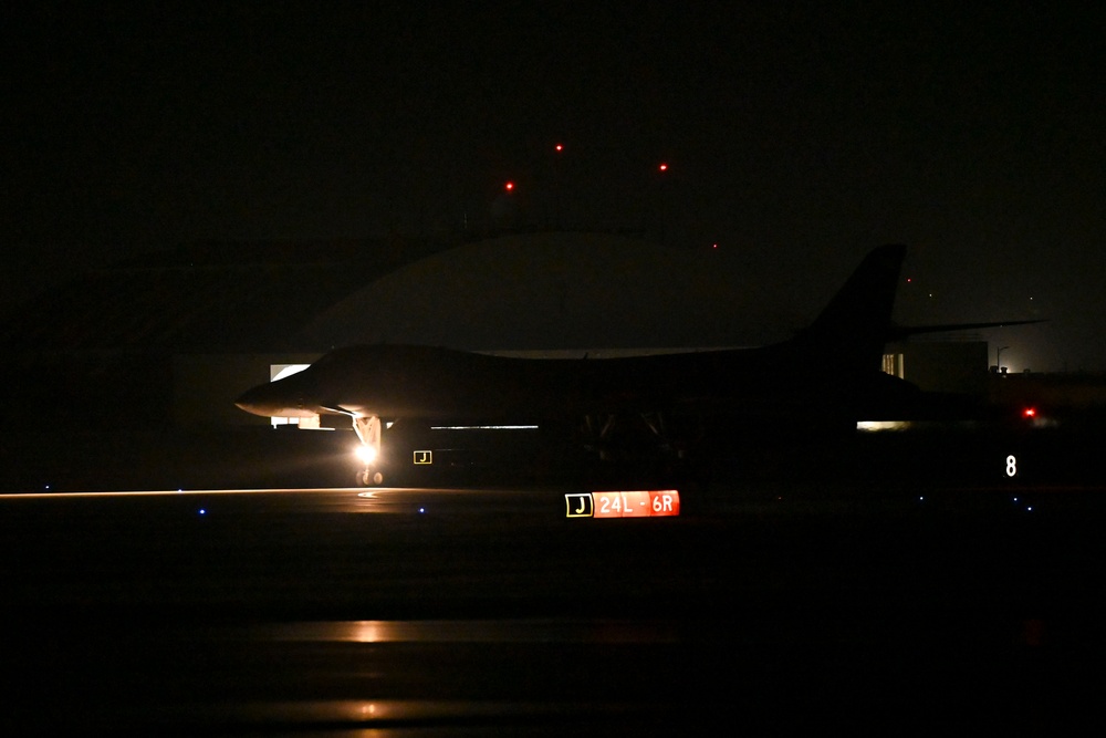 B-1B Lancers assigned to the 34th Expeditionary Bomb Squadron return from a training mission in support of Bomber Task Force 25-1