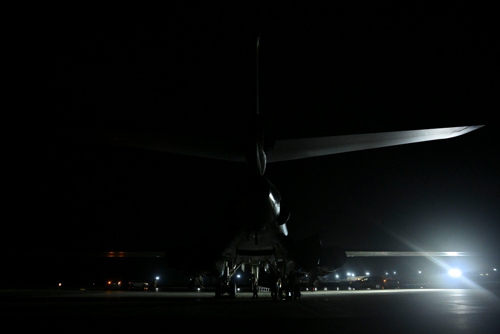 B-1B Lancers assigned to the 34th Expeditionary Bomb Squadron return from a training mission in support of Bomber Task Force 25-1