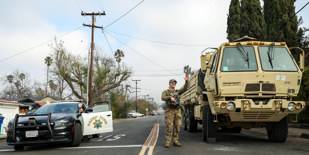 Cal Guard Soldiers manage traffic control points for LA County Wildfires in Altadena