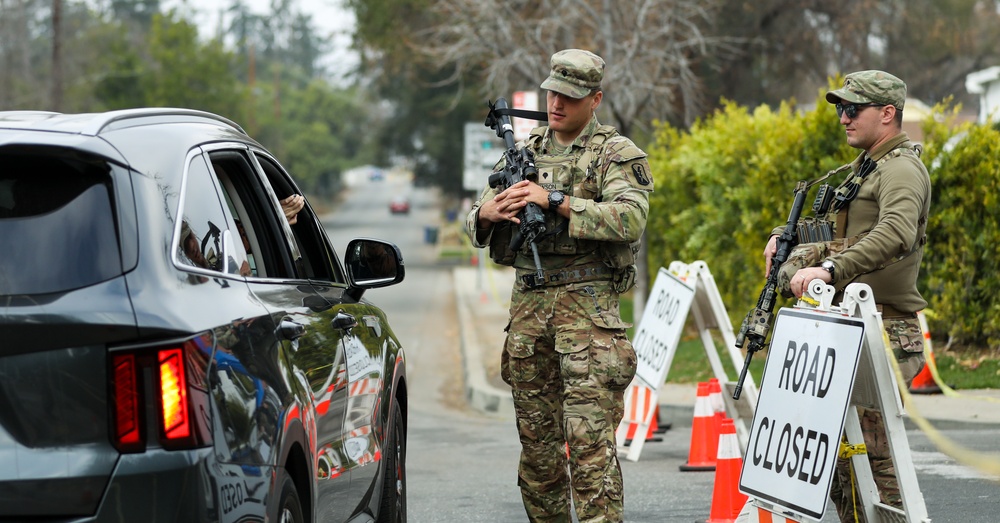 Cal Guard Soldiers manage traffic control points for LA County Wildfires in Altadena