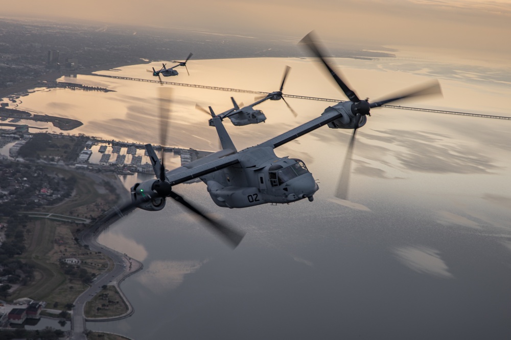 U.S. Marines conduct a rehearsal flight over New Orleans for Super Bowl LIX