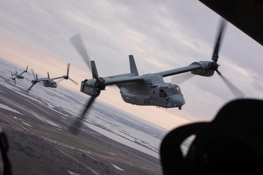 U.S. Marines conduct a rehearsal flight over New Orleans for Super Bowl LIX