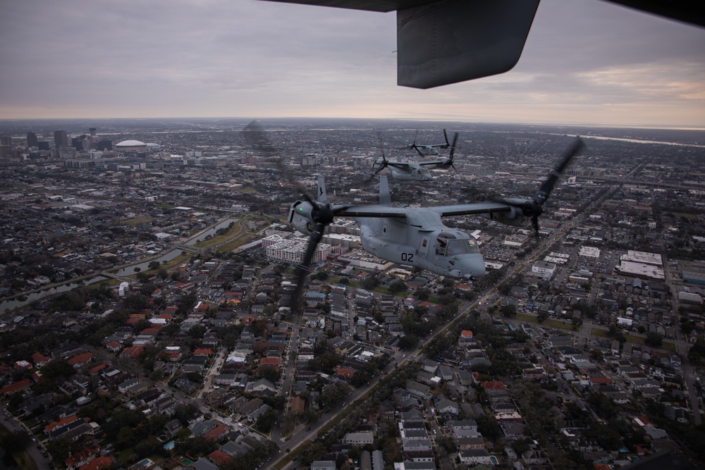 U.S. Marines conduct a rehearsal flight over New Orleans for Super Bowl LIX