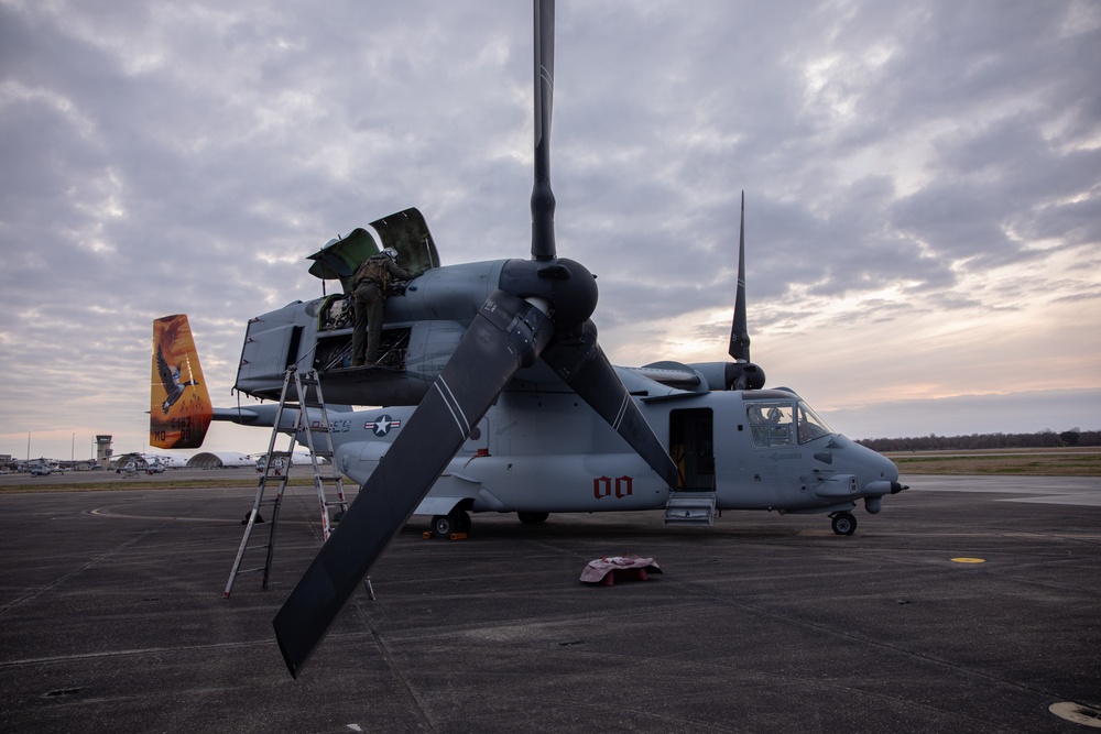 U.S. Marines conduct a rehearsal flight over New Orleans for Super Bowl LIX