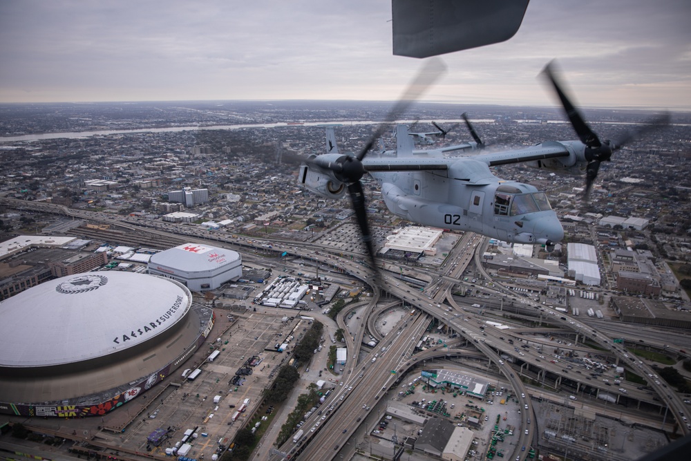 U.S. Marines conduct a rehearsal flight over New Orleans for Super Bowl LIX