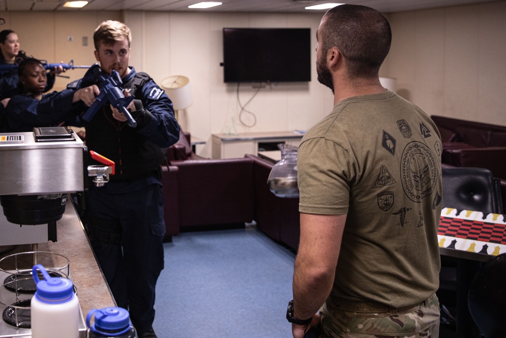 Sailors aboard the USS Lewis B. Puller attend the Security Reaction Force Bravo course