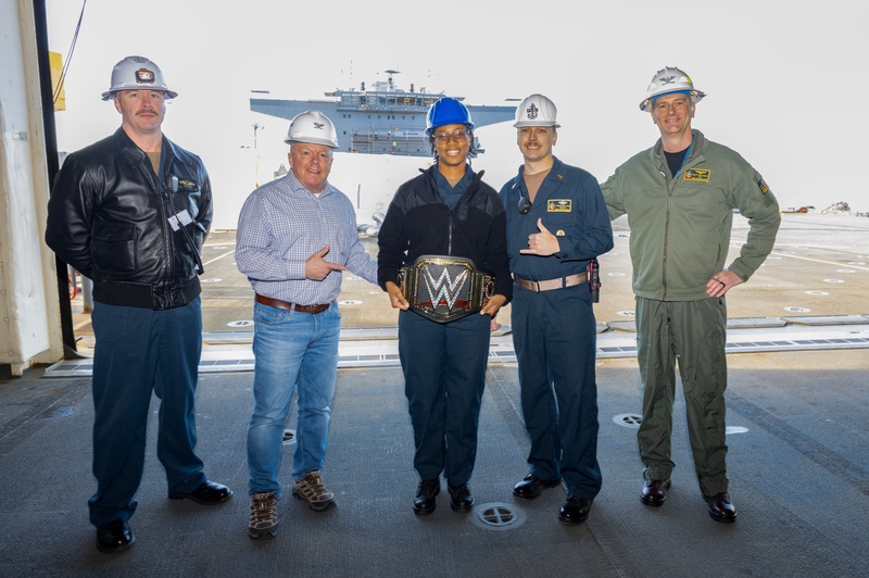 Military Sealift Command Europe &amp; Africa Commander Tours USS Hershel “Woody” Williams (ESB 4), Presents INSURV Related Awards