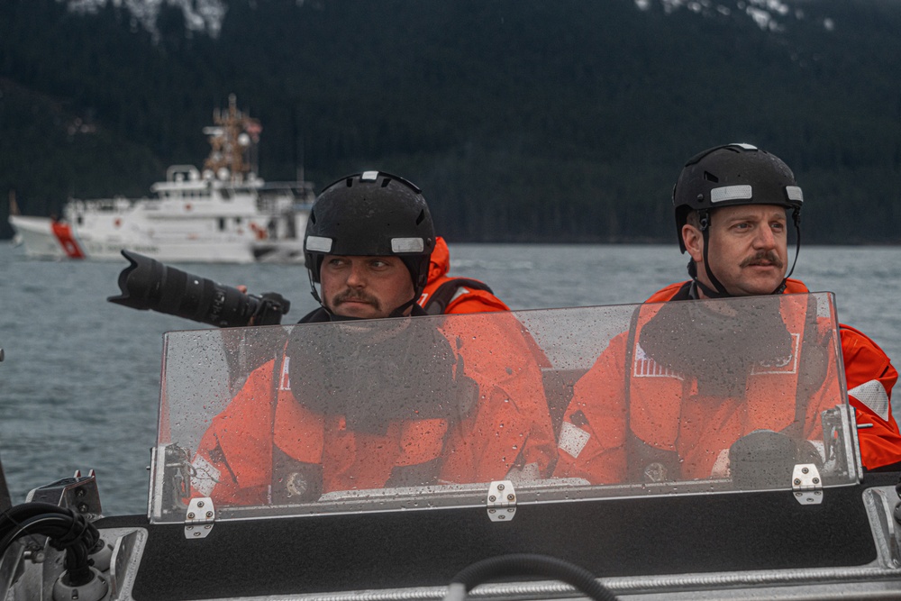 Coast Guard Cutter John Witherspoon launches small boat near Juneau, Alaska