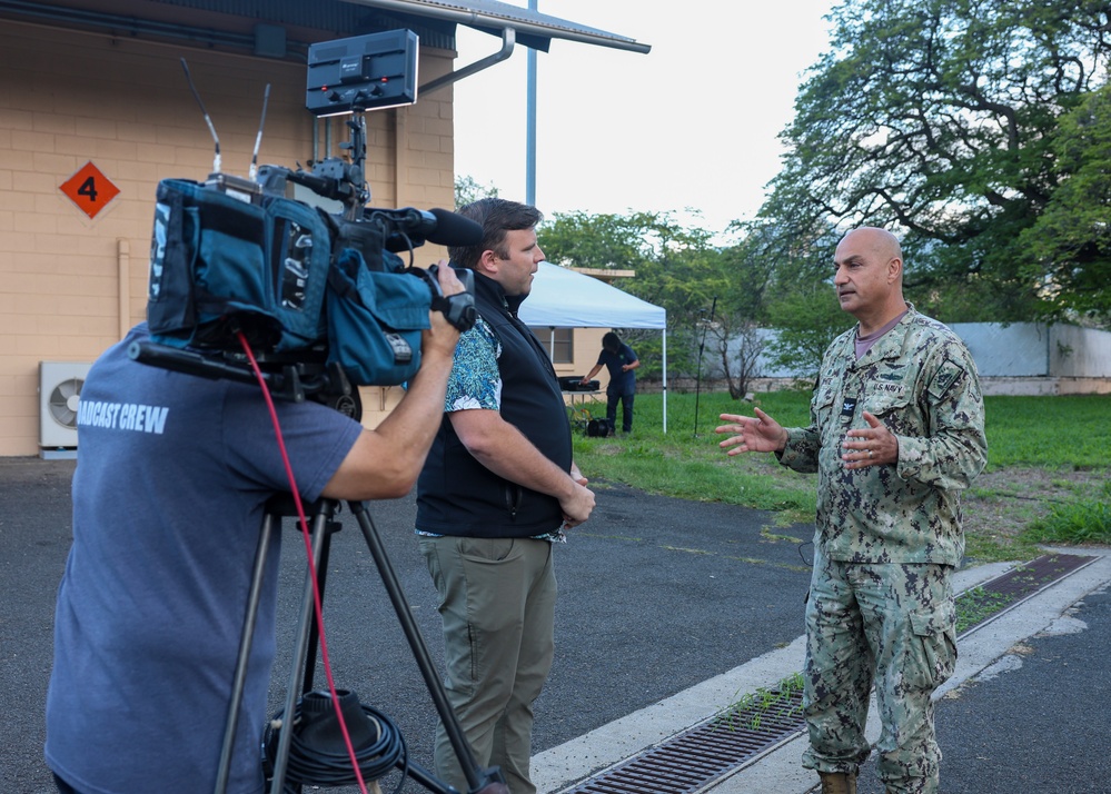 Joint Base Pearl Harbor-Hickam Commander, Capt. Samuel White, addresses media personnel at Lualualei Naval Complex Feb. 5, 2025.