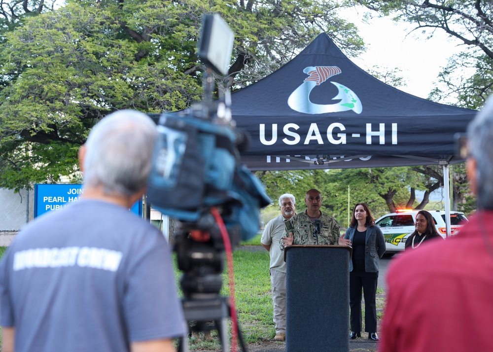 Joint Base Pearl Harbor-Hickam Commander, Capt. Samuel White, addresses media personnel at Lualualei Naval Complex Feb. 5, 2025.