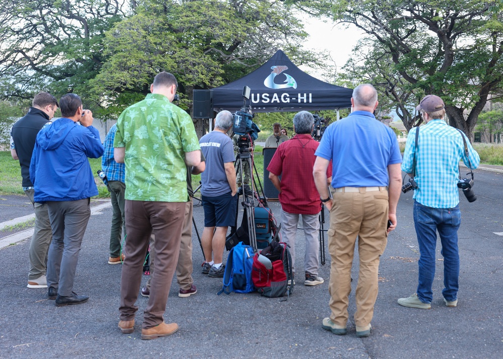 Local media listen to a press briefing at Lualualei Naval Complex Feb. 5, 2025.