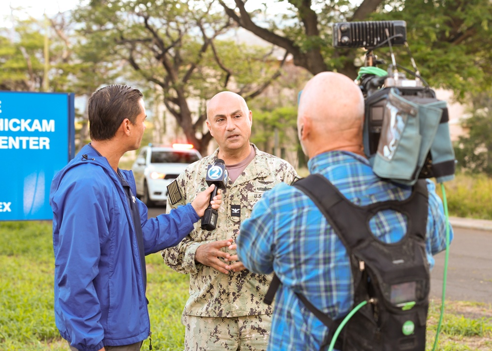 Joint Base Pearl Harbor-Hickam Commander, Capt. Samuel White, addresses media personnel at Lualualei Naval Complex Feb. 5, 2025.