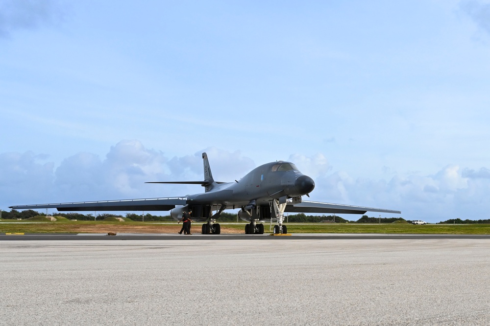 34th Expeditionary Bomb Squadron B-1B Lancers take off from Andersen AFB in support of BTF 25-1