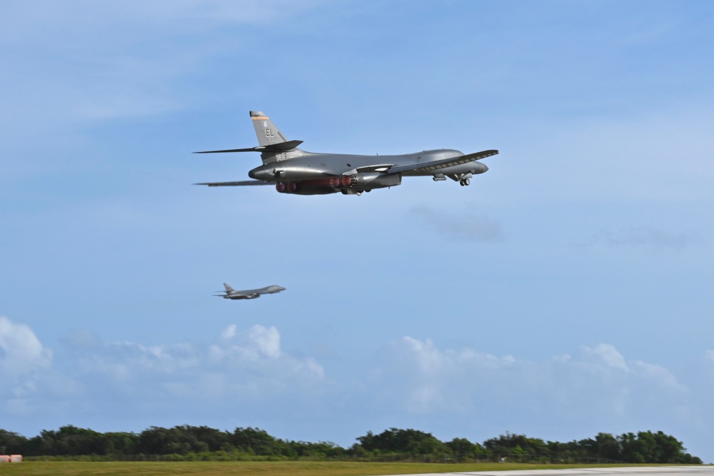 34th Expeditionary Bomb Squadron B-1B Lancers take off from Andersen AFB in support of BTF 25-1