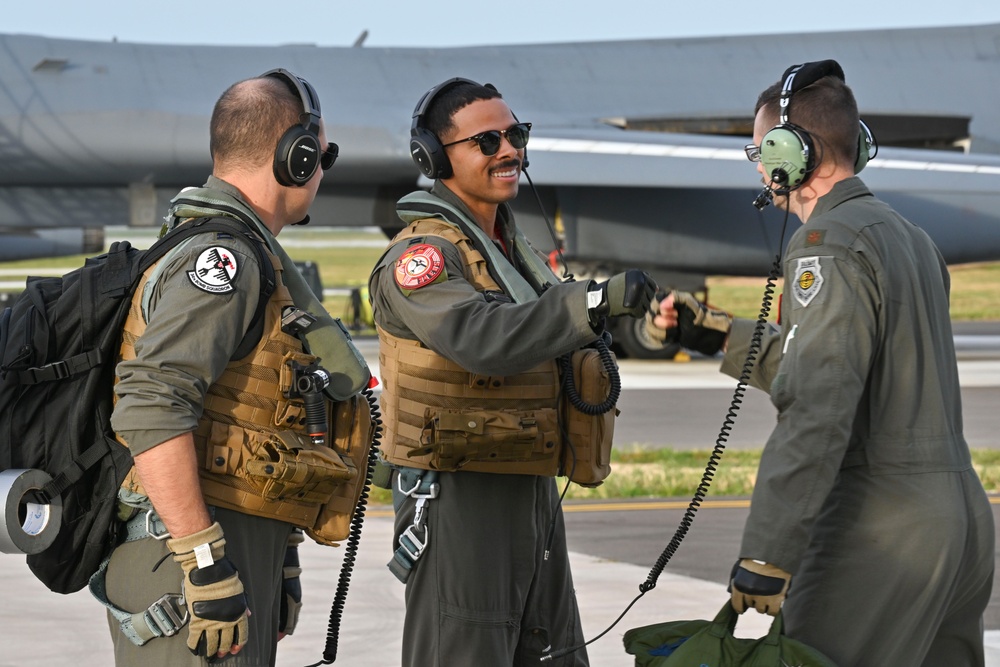 34th Expeditionary Bomb Squadron B-1B Lancers take off from Andersen AFB in support of BTF 25-1