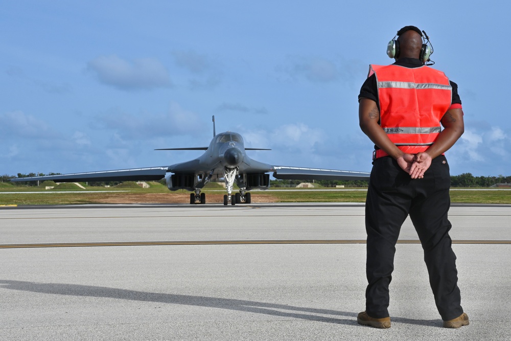 34th Expeditionary Bomb Squadron B-1B Lancers take off from Andersen AFB in support of BTF 25-1