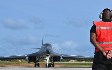 34th Expeditionary Bomb Squadron B-1B Lancers take off from Andersen AFB in support of BTF 25-1