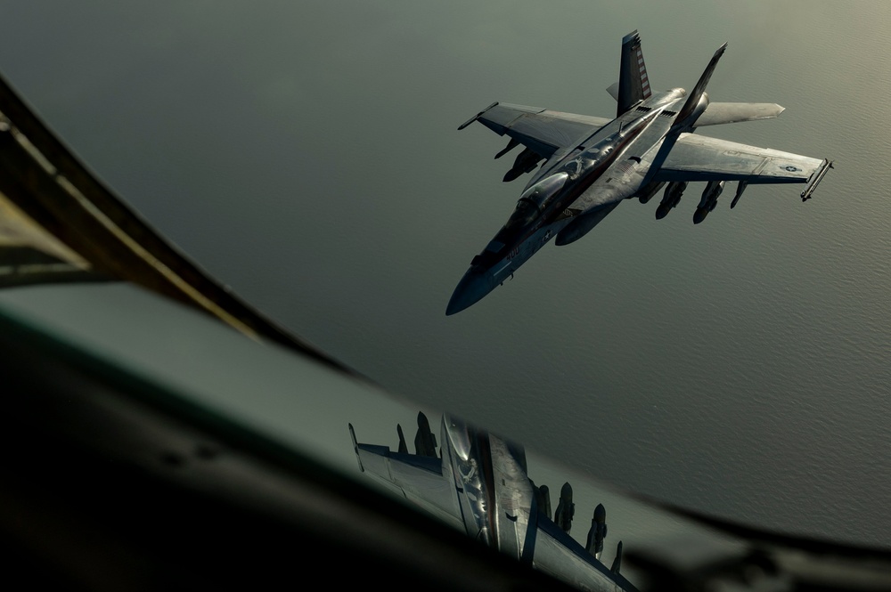 U.S. Navy F/A-18 Super Hornets refueled