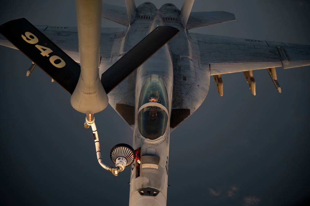 U.S. Navy F/A-18 Super Hornets refueled