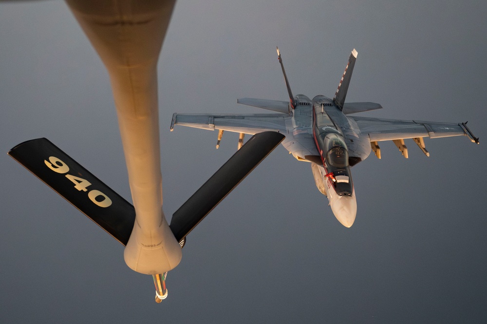 U.S. Navy F/A-18 Super Hornets refueled