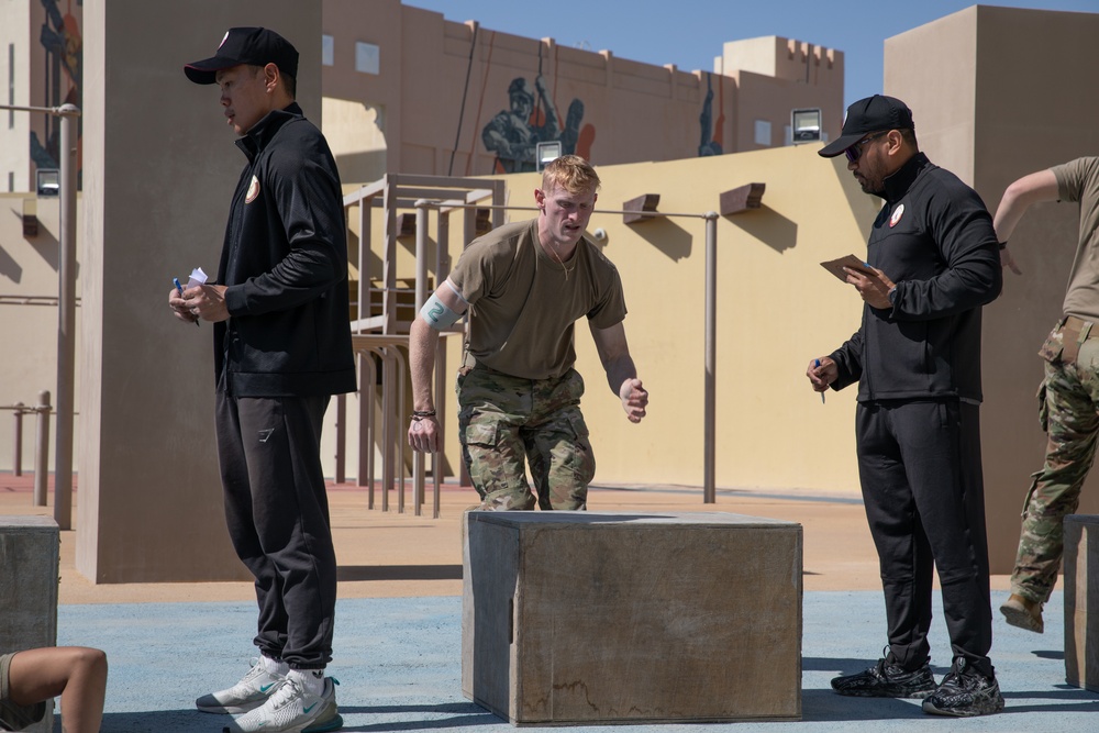 West Virginia, District of Columbia National Guard Members, and Qatar National Service Academy cadets complete mystery event during the 2025 Best Warrior Competition