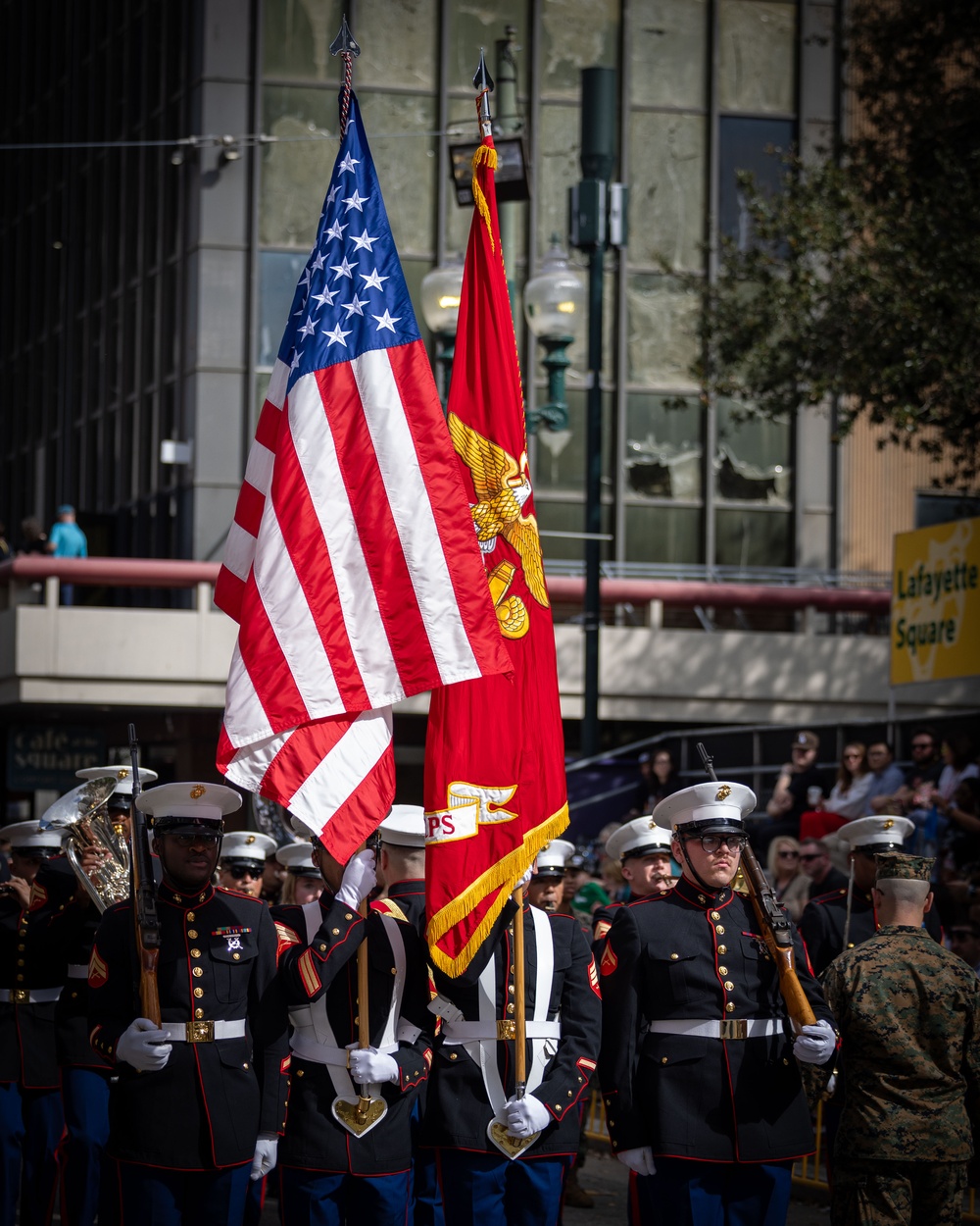 Marine Forces Reserve Band leads the Super Bowl LIX Parade