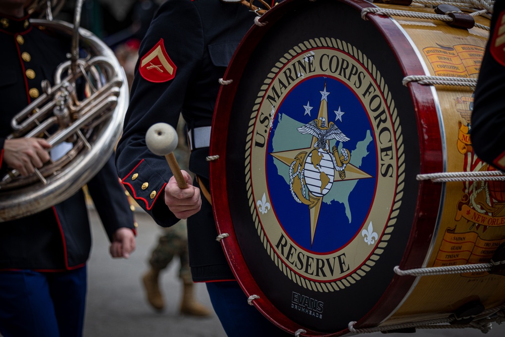 Marine Forces Reserve Band leads the Super Bowl LIX Parade